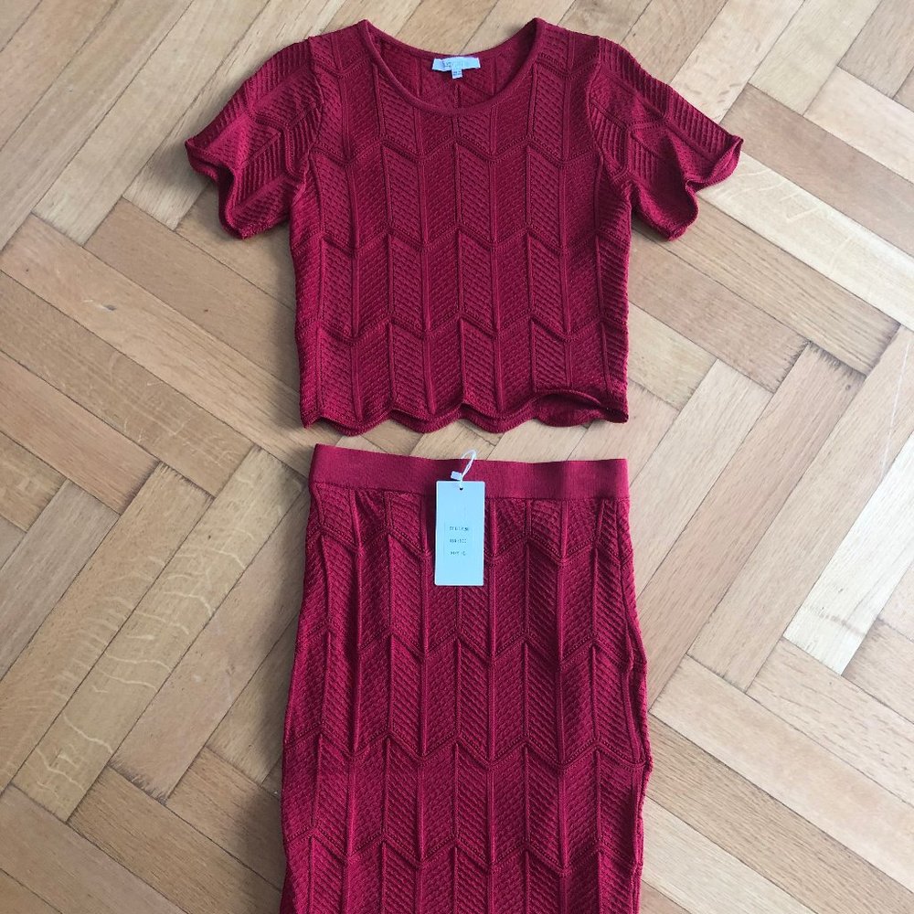 Red two piece crop top and pencil skirt